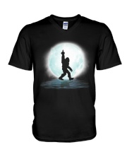 Bigfoot middle finger under moon V-Neck T-Shirt thumbnail