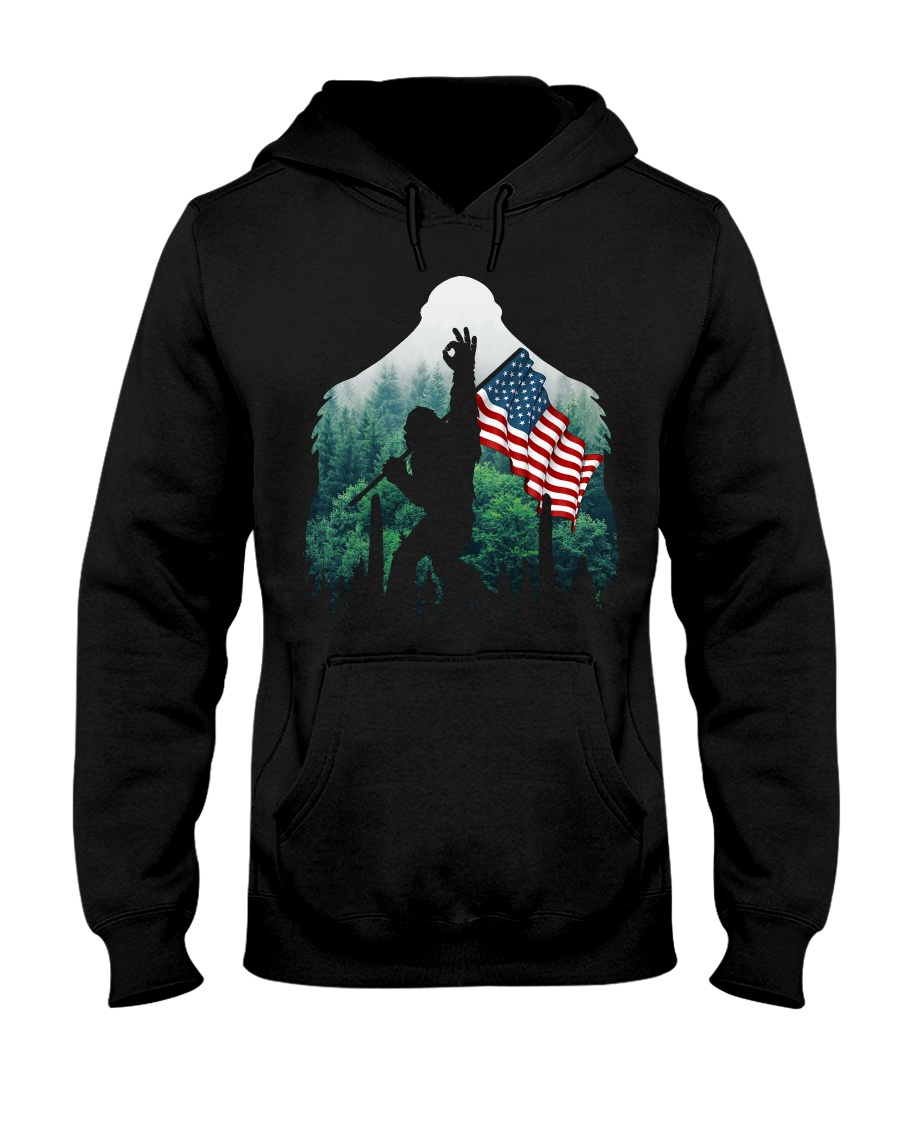 Bigfoot ok sign USA flag in the forest Hooded Sweatshirt