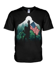 Bigfoot ok sign USA flag in the forest V-Neck T-Shirt thumbnail