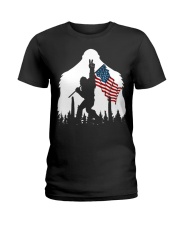 Bigfoot peace sign USA flag Ladies T-Shirt thumbnail