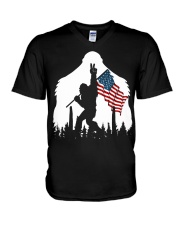 Bigfoot peace sign USA flag V-Neck T-Shirt thumbnail