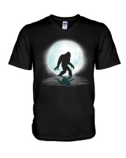 Funny bigfoot hand gesture under the moon V-Neck T-Shirt thumbnail