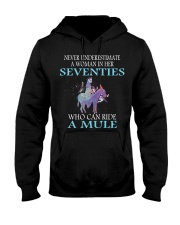 Never Underestimate Woman Mule Seventies PT Hooded Sweatshirt front