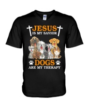 Jesus is my savior Dogs are my therapy V-Neck T-Shirt tile