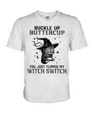 BLACK CAT BUCKLE UP BUTTERCUP V-Neck T-Shirt tile