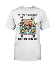Dog Lover Peace Love Dog And Hippie Girl On A Dark Desest Highway Cool Wind In My Hair Premium Fit Mens Tee tile
