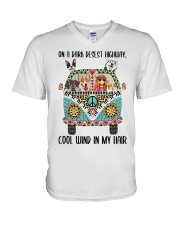 Dog Lover Peace Love Dog And Hippie Girl On A Dark Desest Highway Cool Wind In My Hair V-Neck T-Shirt tile