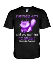 Fibromyalgia Awareness Cat Everything Hurts And You Want Me To Smile V-Neck T-Shirt tile