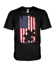 Autism Awareness American Flag V-Neck T-Shirt tile