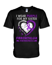 Fibromyalgia Awareness I Wear Purple For My Sister Faith Support Hope V-Neck T-Shirt tile
