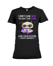 Epilepsy Awareness I Don't Look Sick You Don't Look Stupid Grumpy Cat Premium Fit Ladies Tee tile