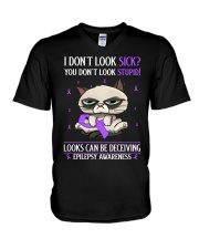 Epilepsy Awareness I Don't Look Sick You Don't Look Stupid Grumpy Cat V-Neck T-Shirt tile