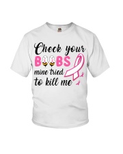 Breast Cancer Awareness Check Yours Boobs Mine Tried To Kill Youth T-Shirt tile