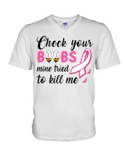 Breast Cancer Awareness Check Yours Boobs Mine Tried To Kill V-Neck T-Shirt tile