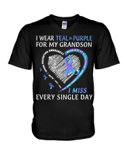 Suicide Prevention Awareness I Wear Teal And Purple For My Grandson V-Neck T-Shirt tile