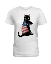 Cat Lover Black Cat American Flag Ladies T-Shirt tile
