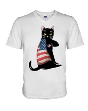 Cat Lover Black Cat American Flag V-Neck T-Shirt tile