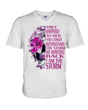 Breast Cancer Awareness Flowers She Whispered Back Iam The Storm V-Neck T-Shirt tile