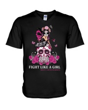 Breast Cancer Awareness Skull Fight Like A Girl V-Neck T-Shirt tile