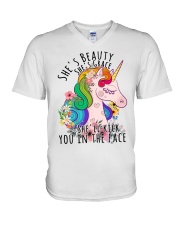 Unicorn Lover She's Beauty She's Grace She' Li Kick You In The Face V-Neck T-Shirt tile