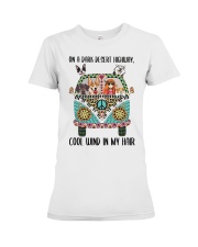 Gift For Dog Lover Peace Love Dog And Hippie Girl On A Dark Desert Highway Premium Fit Ladies Tee tile
