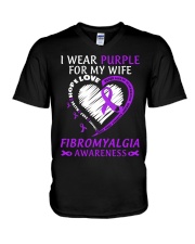 Fibromyalgia Awareness I Wear Purple For My Wife Family Support Love V-Neck T-Shirt tile