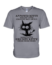 ANNOYED KITTY TOUCHY LITTY GROUCHY BALL OF FUN V-Neck T-Shirt tile