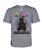 I MADITATE SO I DON'T CHOKE PEOPLE V-Neck T-Shirt tile