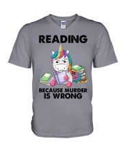 READING BECAUSE MURDER IS WRONG V-Neck T-Shirt tile