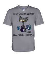 I LIKE WEIGHTS AND CATS AND MAYBE 3 PEOPLE V-Neck T-Shirt tile