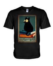 EASILY DISTRACTED BY BOOKS AND CATS V-Neck T-Shirt tile