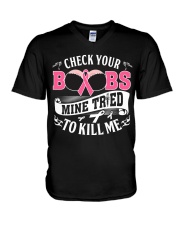 Check your boobs Mine tried to Kill me V-Neck T-Shirt tile