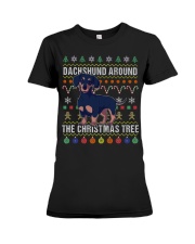 Dachshund Around The Christmas Tree Ugly Xmas Premium Fit Ladies Tee tile