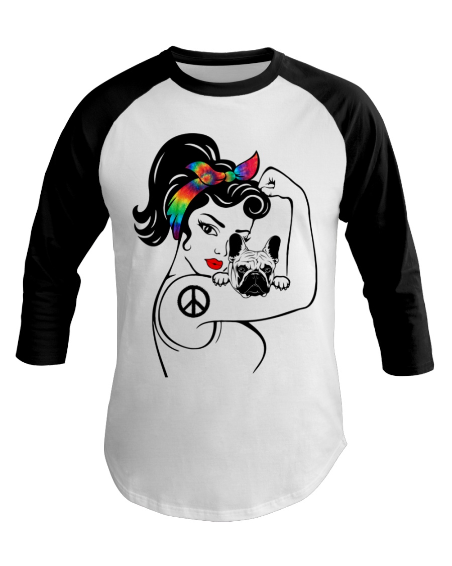 Frenchie With Hippie Woman Baseball Tee