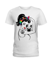 Frenchie With Hippie Woman Ladies T-Shirt thumbnail