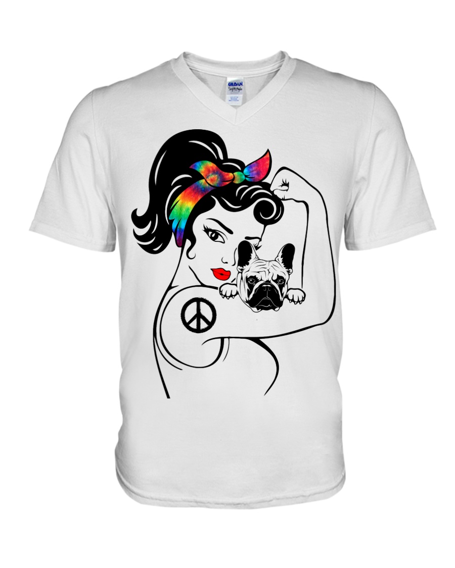 Frenchie With Hippie Woman V-Neck T-Shirt