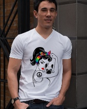 Frenchie With Hippie Woman V-Neck T-Shirt lifestyle-mens-vneck-front-2