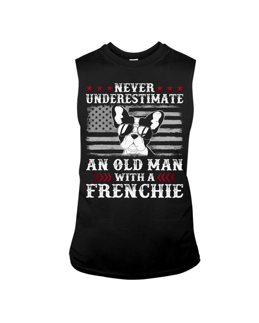 Old Man With French Bulldog American Flag Shirt Sleeveless Tee