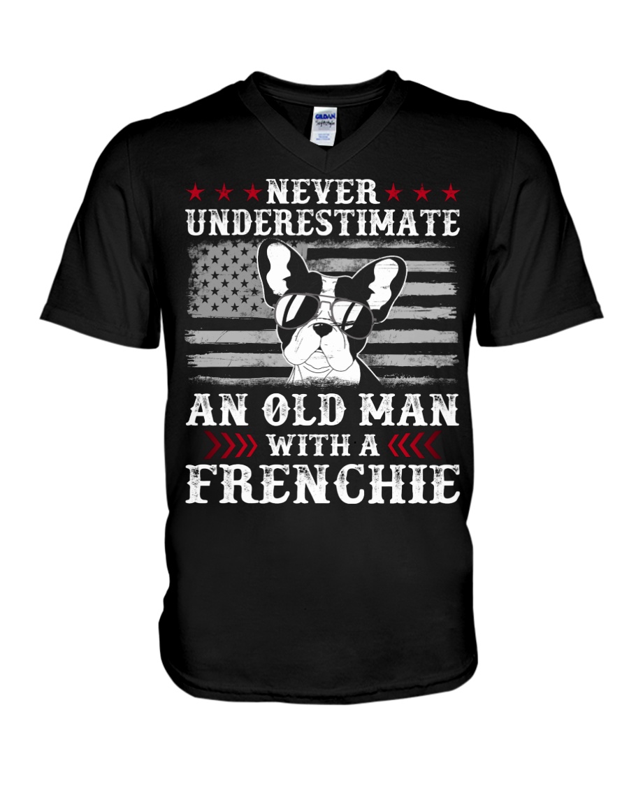 Old Man With French Bulldog American Flag Shirt V-Neck T-Shirt