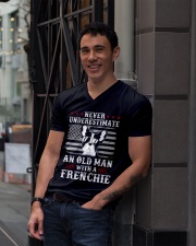 Old Man With French Bulldog American Flag Shirt V-Neck T-Shirt lifestyle-mens-vneck-front-1