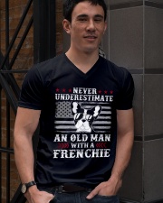 Old Man With French Bulldog American Flag Shirt V-Neck T-Shirt lifestyle-mens-vneck-front-2
