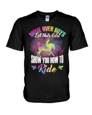 Move over boys this girl show yo how to ride horse V-Neck T-Shirt tile