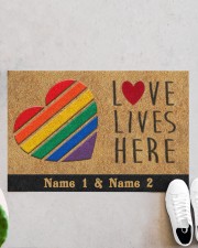Custom LGBT Love Lives Here Personalized Name Doormat 22.5" x 15" aos-doormat-22-5x15-lifestyle-front-06
