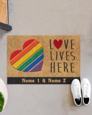 Custom LGBT Love Lives Here Personalized Name Doormat 22.5" x 15" aos-doormat-22-5x15-lifestyle-front-07