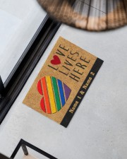 Custom LGBT Love Lives Here Personalized Name Doormat 22.5" x 15" aos-doormat-22-5x15-lifestyle-front-08