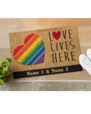 Custom LGBT Love Lives Here Personalized Name Doormat 22.5" x 15" aos-doormat-22-5x15-lifestyle-front-11