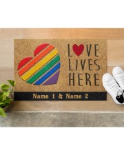 Custom LGBT Love Lives Here Personalized Name Doormat 22.5" x 15" aos-doormat-22-5x15-lifestyle-front-12