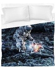 Astronaut in suit touching atom molecule Duvet Cover - Queen thumbnail