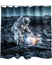 Astronaut in suit touching atom molecule Shower Curtain thumbnail