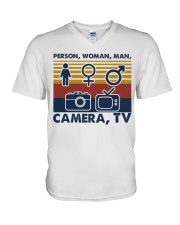 Person woman man camera V-Neck T-Shirt tile